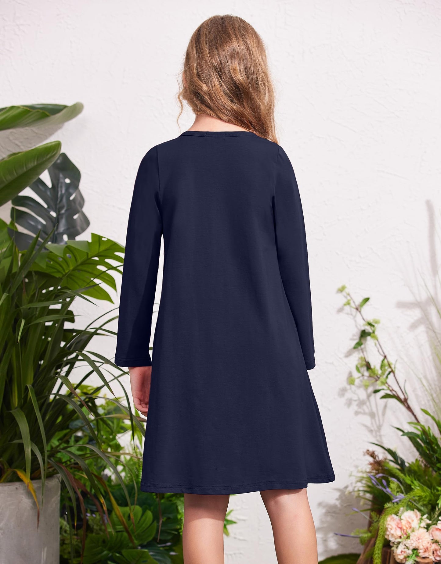 Arshiner Girls Dress Kids Long Sleeve Solid Color Casual T-Shirt Dress Navy Blue Tween 10-11 Years