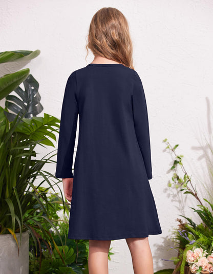 Arshiner Girls Dress Kids Long Sleeve Solid Color Casual T-Shirt Dress Navy Blue Tween 10-11 Years