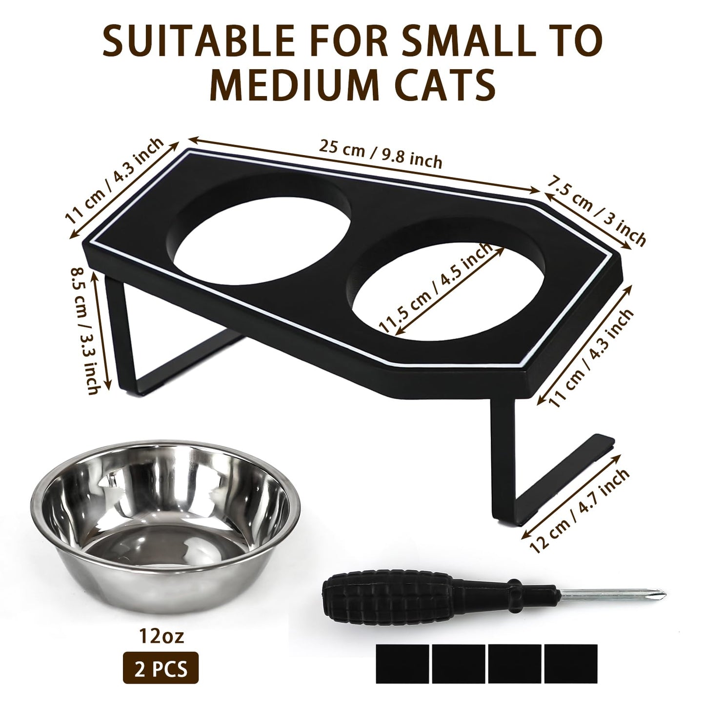 Cat Food Bowls Elevated, Gothic Cat Bowls, Raised Cat Bowls for Indoor Cats with Non-Slip Stand & Wood Board, Stainless Steel and Whisker Friendly Food Bowls