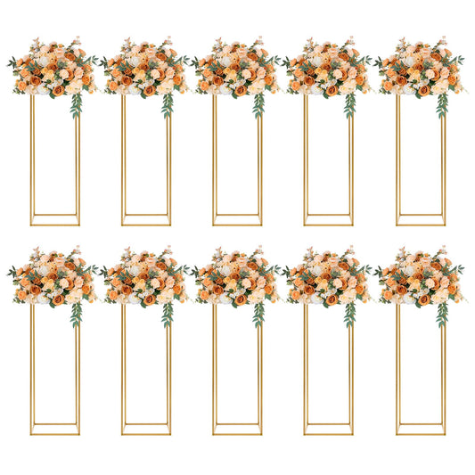 10 Pack 31.5 Inch Gold Wedding Flower Stand Metal Vase Column Stand Geometric Centerpiece Vase for Home Party Wedding Decorations, Rectangular Flower Display Rack