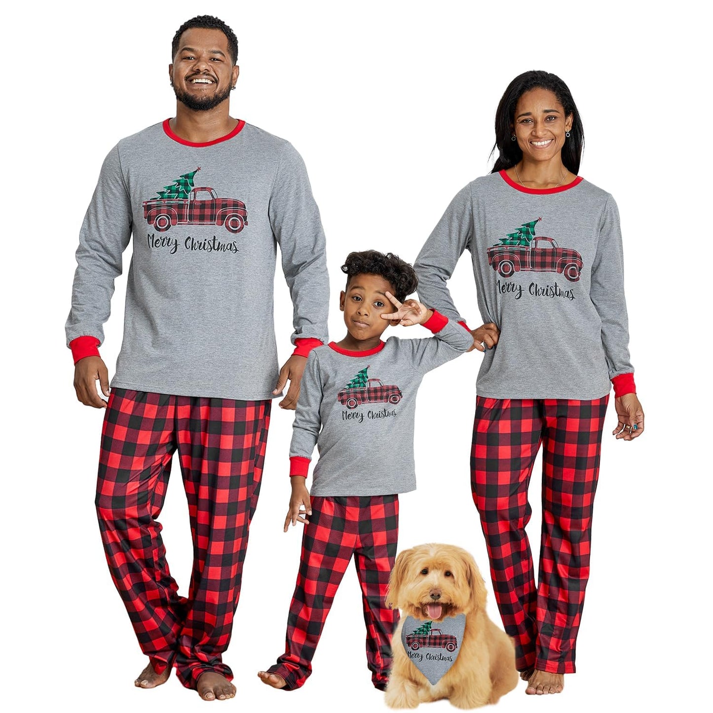 IFFEI Matching Family Pajamas Sets Christmas PJ's Sleepwear Truck Print Top and Plaid Pants with Pocket 6-7 Years