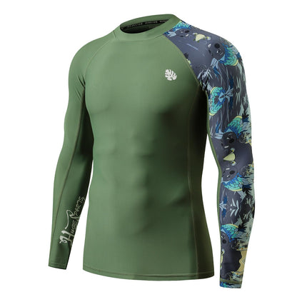 HUGE SPORTS Men's Rash Guard Long Sleeves UPF 50+ UV Sun Protection Quick Drying Splice Compression Swim Shirts