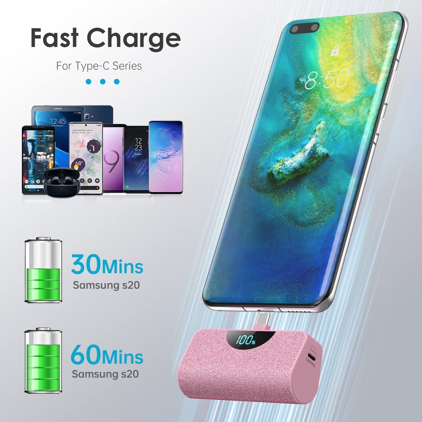 Mini Portable Charger USB-C Power Bank 5200mAh,Ultra Compact LCD Display Battery Pack Backup Charger Compatible with iPhone 17/17 Air/17 Pro/17 Pro Max/16/16 Plus/16 Pro Max/15 Series,Samsung-Green