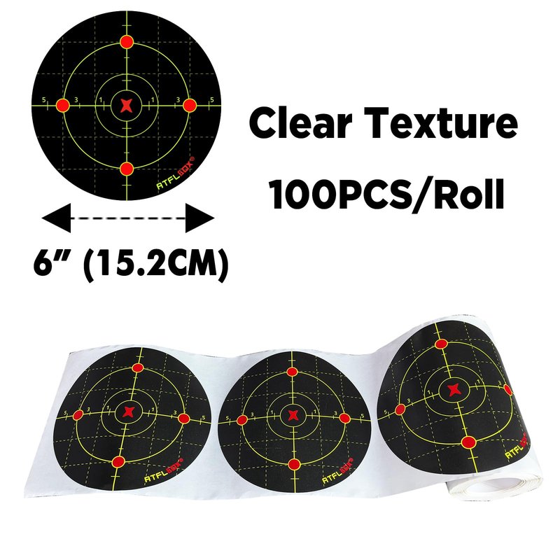 Atflbox 6 inch Splatter Adhesive Bullseye Fluorescent Yellow Shooting Target Stickers, 100 Self Adhesive Target Roll for BB Gun, Pellet Gun, Airsoft, Rifle Indoor and Outdoor Shooting Range