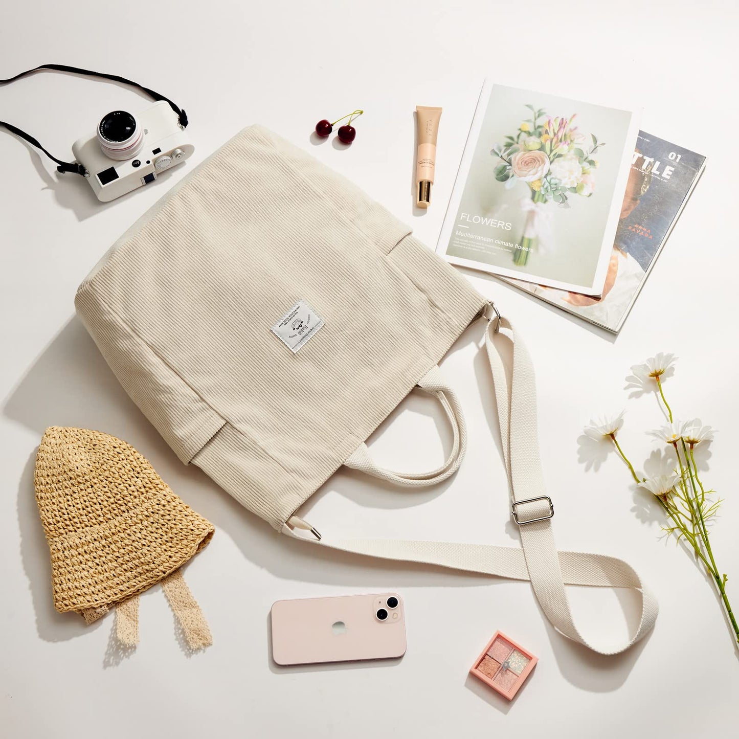 KALIDI Corduroy Tote Bag, Zipper Messenger Bag Shoulder Hobo Crossbody Bag Casual Work Colledge Shopping Women