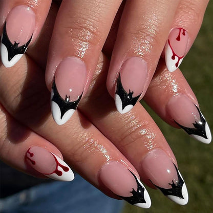 Halloween Bat Press on Nails Almond Shaped Halloween Fake Nails White French Tip Glue on Nails with Blood Design Horror Acrylic False Nails Full Cover Stick on Nail for Women DIY Halloween Nails 24Pcs