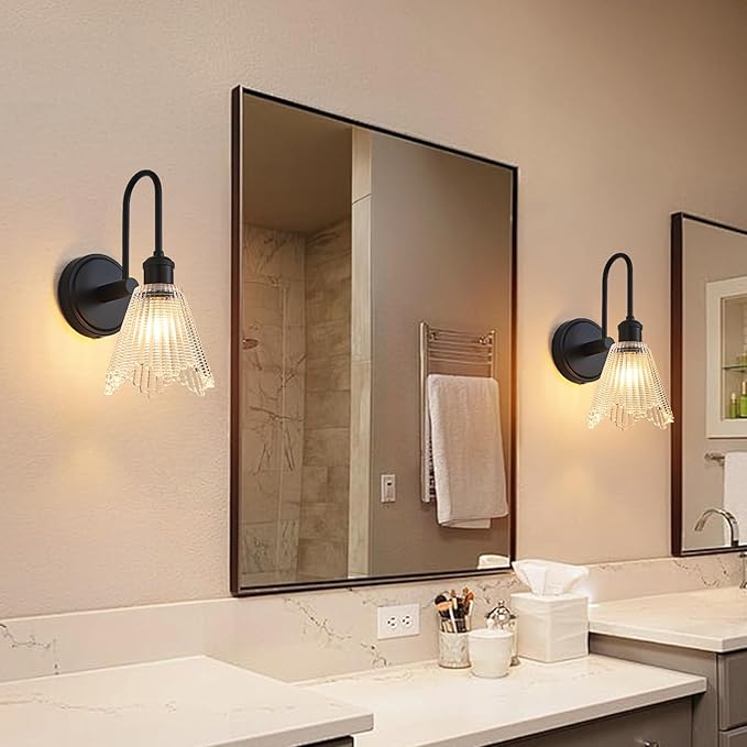 Wall Sconce Set of 2, Black Vintage Light Fixtures with Long Clear Glass Lampshade, Hardwired Sconces Wall Lighting for Bedroom, Bathroom, Living Room | Includes 2 LED Bulbs