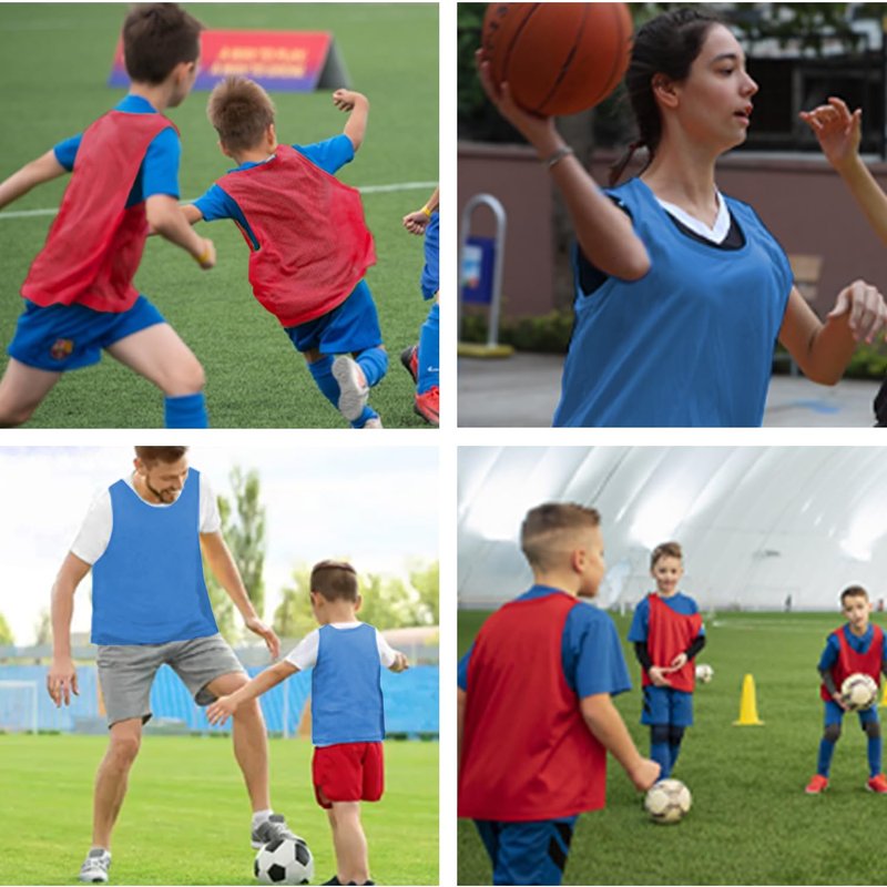 12 Pack Pinnies Team Practice Vests for Child Youth Teen Adult, Mesh Scrimmage Jersey for Soccer Football Basketball (6 X Red + 6 X Blue, Child/5-10 Years Old)