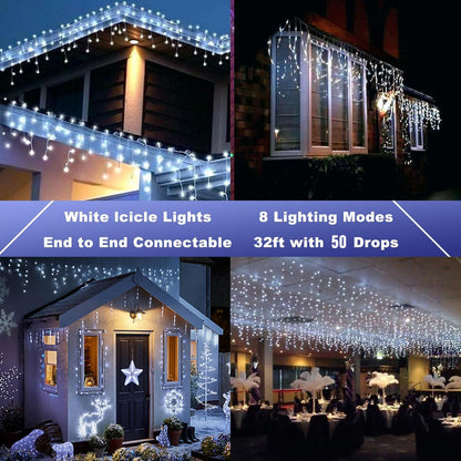 Joomer Christmas Icicle Lights - 32FT Plug in String Lights Waterproof, 8 Modes Timer Connectable Outdoor String Light for Christmas Party, Eaves, Roofs, Xmas Decorations (White)