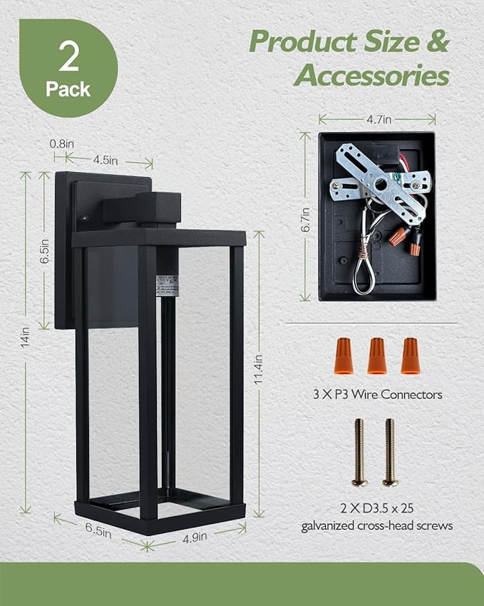 LITFIT Matte Black Outdoor Light Fixtures Wall Mount, Waterproof Rustproof Porch Lights, 14 Inch Outside Wall Lanterns for Patio, Front Door, Garage, Backyard, 2-Pack, Bulbs Not Included