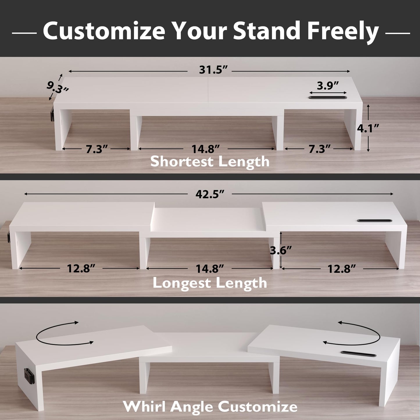 BONTEC Dual Monitor Stand for Desk, Adjustable Length and Angle Monitor Stand Riser with Smartphone Holder, Desk Shelf for Top of Desk, Computer Monitor Stand with Storage, Office Desk Organizer, White