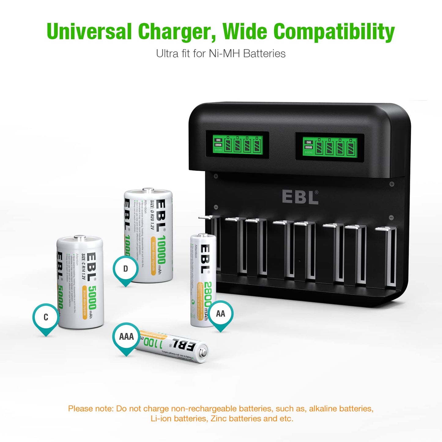 EBL Rechargeable C Batteries (4 Pack) and LCD Smart Battery Charger for Ni-MH AA AAA C D Rechargeable Batteries