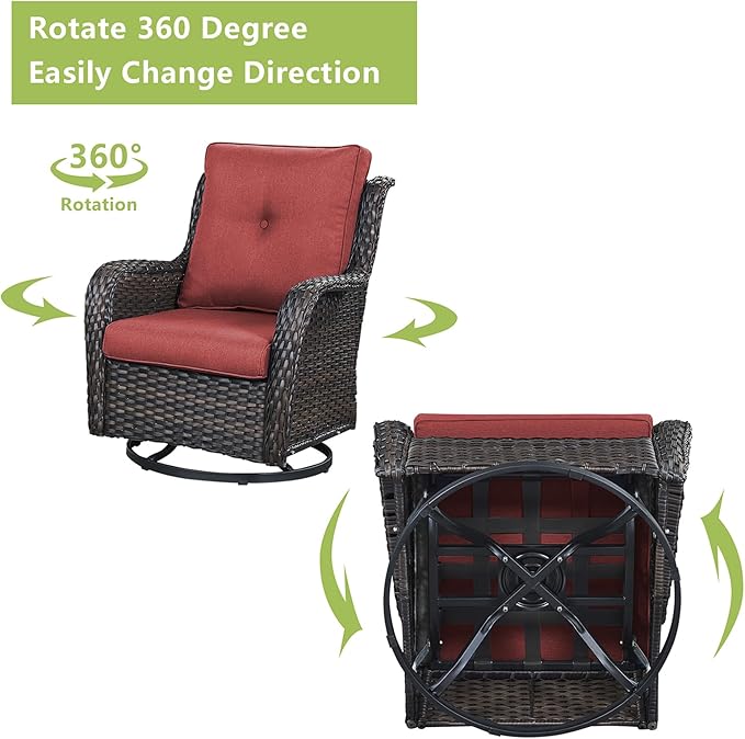 Rilyson Patio Chairs Wicker Outdoor Chair - 6 Piece Rattan Swivel Rocking Chairs Set Patio Glider Rocker Chairs with Glass Top Side Table for Porch Deck Garden Backyard(Brown/Red)