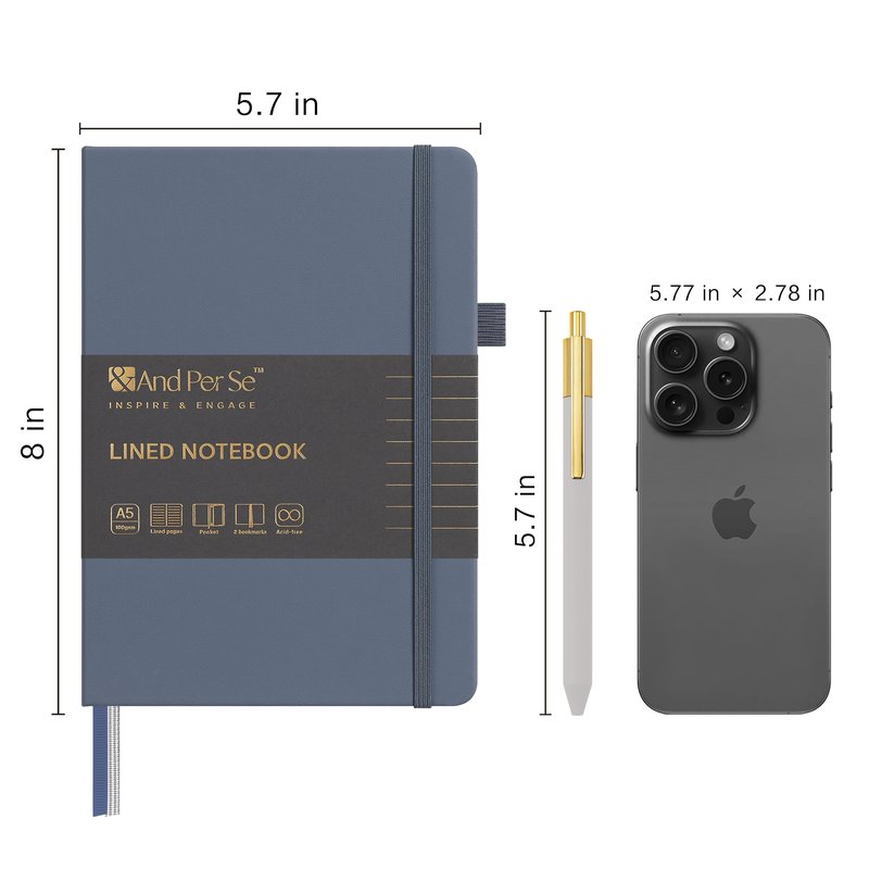 &And Per Se Lined Journal and Pen Set, A5 Leather Hardcover Notebook with Pen & Stationary Set, 160 Pages 100GSM Thick Ruled Paper Journal for Business Work Writing (Dark Blue)