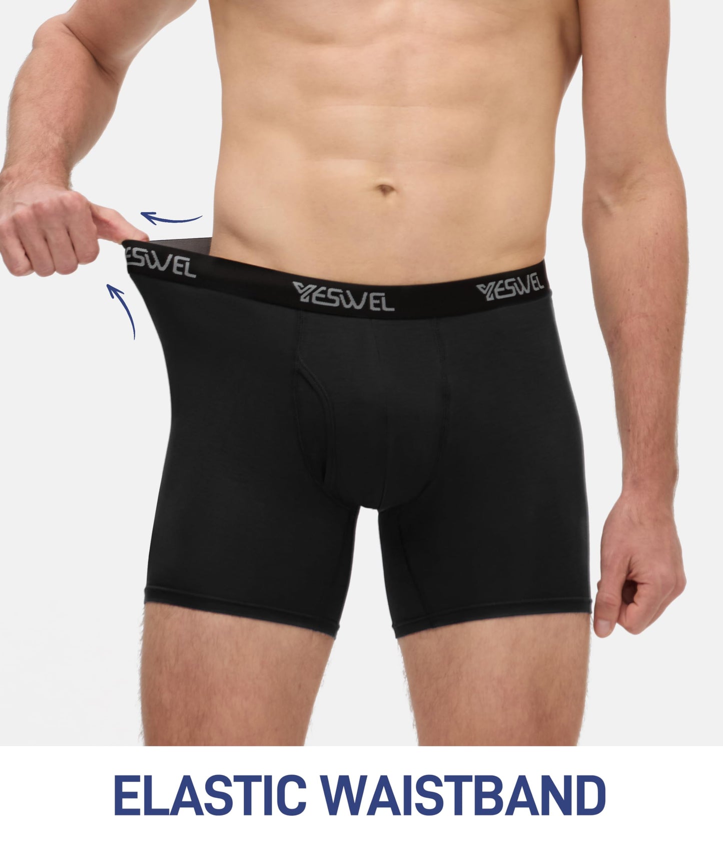 YESWEL Mens Boxers L, Longer Leg Bamboo Boxer Shorts with Fly, Anti - Chafing Underwear Trunks, No Itchy Labels Underpants Pack of 3 Black