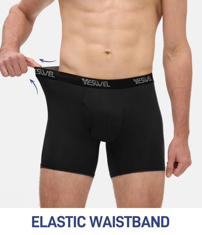 YESWEL Mens Boxers L, Longer Leg Bamboo Boxer Shorts with Fly, Anti - Chafing Underwear Trunks, No Itchy Labels Underpants Pack of 3 Black