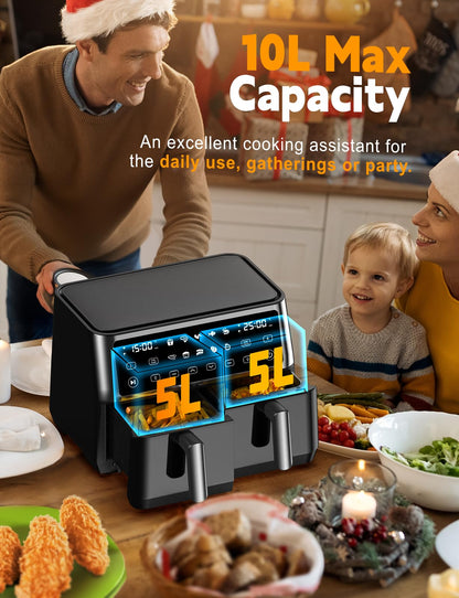 10L Dual Air Fryer, 2 Nonstick Drawers with Visible Window,10-In-1 Cooking Presets, Sync Cook & Finish, Smart Touch Screen, 1-24H Timer Function, Uses No Oil& Max Crisp, 50℃ to 200℃, Dishwasher Safe