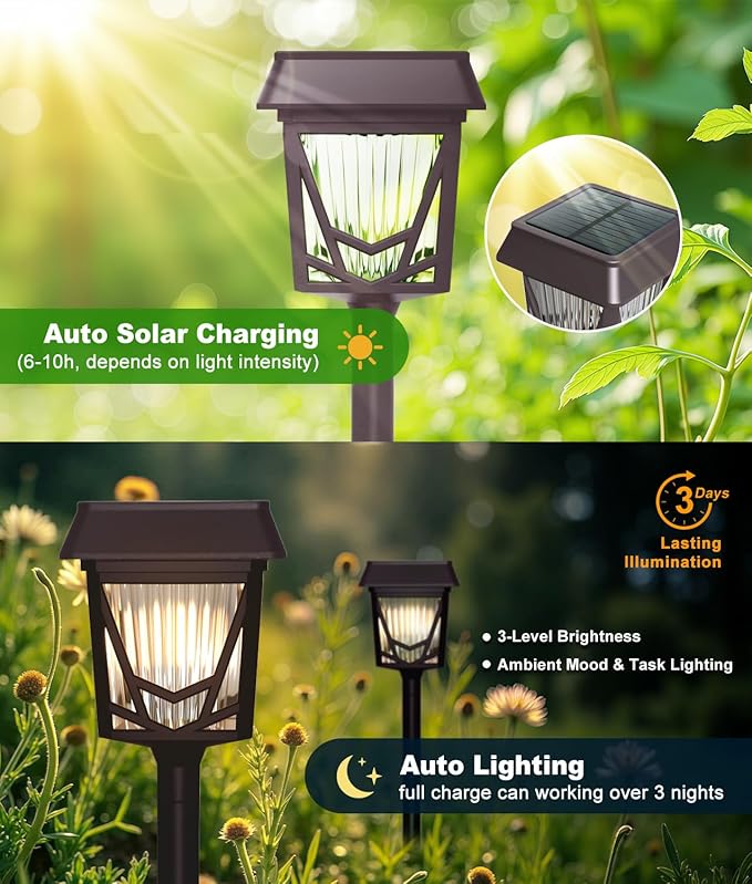 Solar Pathway Lights Outdoor, 6 Pack IP66 Waterproof Garden Solar Lights, 1500mAh Auto On/Off Yard Landscape Walkway Lighting, Brown