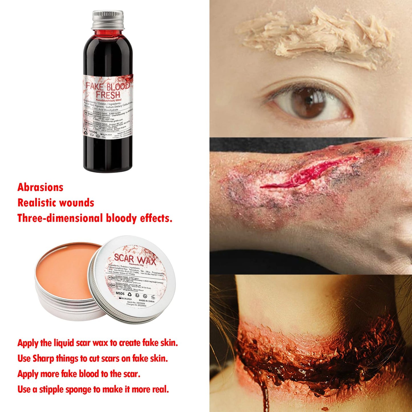 Professional Halloween SFX Special Effects Makeup Kits, Fake Blood, Scab Coagulated Blood Gel, 12 Colors Face Body Paint, Wound Modeling Scar Wax With Spatula Tool, Brushes, Stipple Sponge, Adhesive