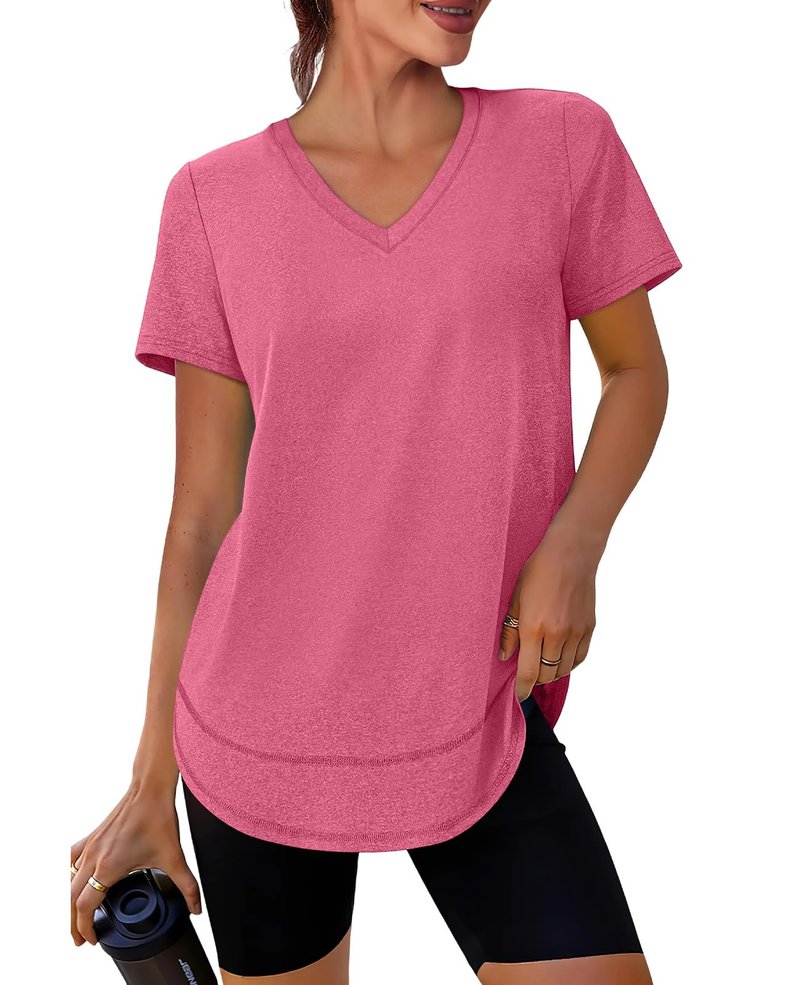Short Sleeve Shirts for Women Workout Pilates Outfits Tennis Summer Tops 2026 Beach Vacation Clothes V Neck Red Pink M