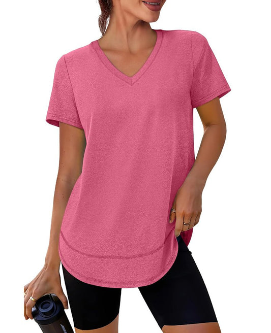 Workout Tops for Women Spring Summer Short Sleeve Golf Outfits Gym Essentials Activewear Running Shirts V Neck Red Pink S