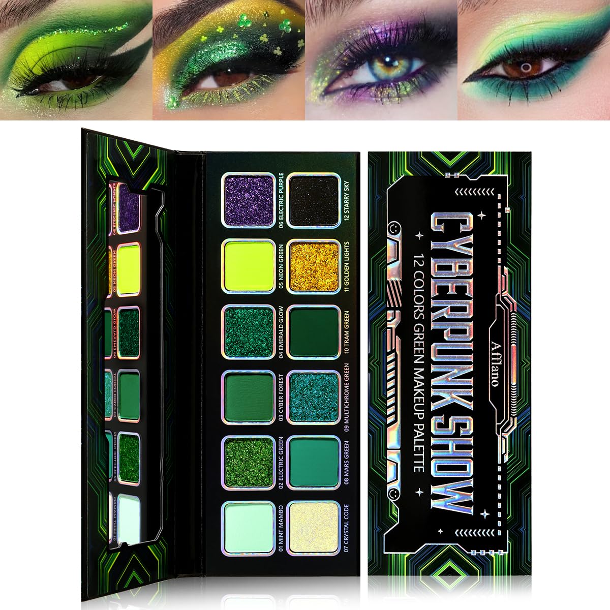 Green Eyeshadow Makeup Palette, 12 Color Green Holographic Glitter Eyeshadow with Matte Shimmer Finish for Hazel Eyes, High Pigment Silky Long Last Neon Yellow Blue Eye Shadow for Daily,Party,Cos,Goth