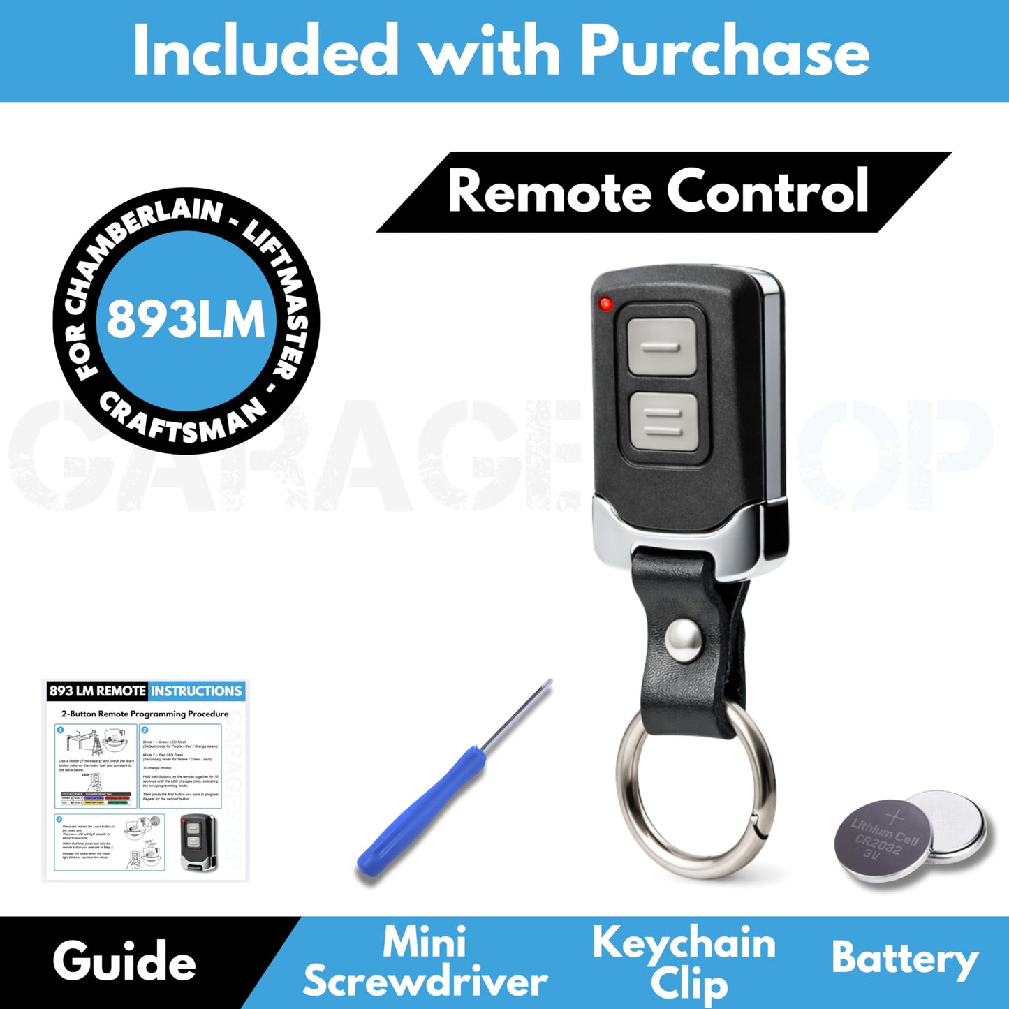 1x Mini for LiftMaster Chamberlain Craftsman Universal Garage Door Opener Remote, 893LM 893Max 891LM 371LM 373LM 971LM 973LM, 2-Button Keychain Extra Long-Range