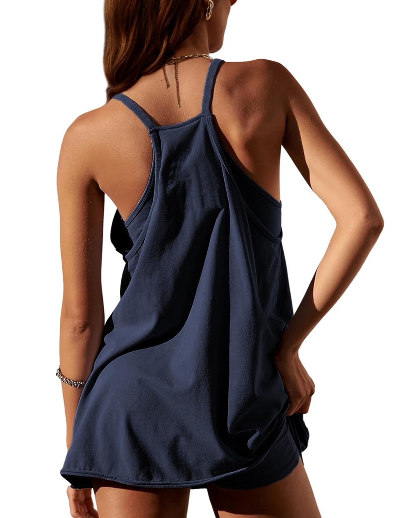 Lentta Womens Athletic Sleeveless Mini Dress with Built-in Shorts V Neck Spaghetti Strap Sundress(DarkBlue-XS)