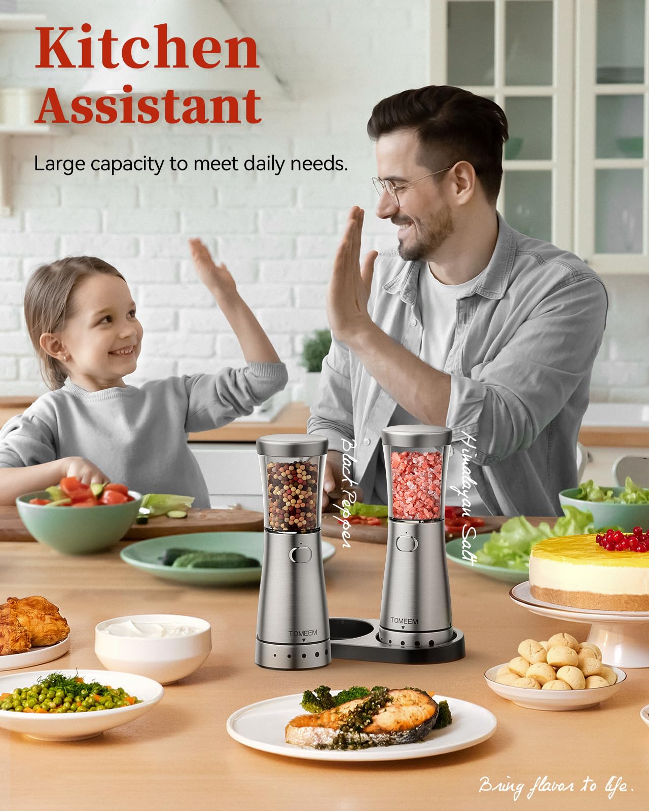 TOMEEM Electric Salt and Pepper Grinder Set with Storage Base, Stainless Steel Rechargeable Salt and Pepper Grinder Set, 4.5oz Large Capacity, 1.8" Wide Mouth, Adjustable Coarseness, Ideal for Kitchen