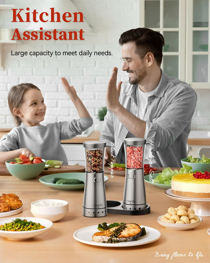 TOMEEM Electric Salt and Pepper Grinder Set with Storage Base, Stainless Steel Rechargeable Salt and Pepper Grinder Set, 4.5oz Large Capacity, 1.8" Wide Mouth, Adjustable Coarseness, Ideal for Kitchen