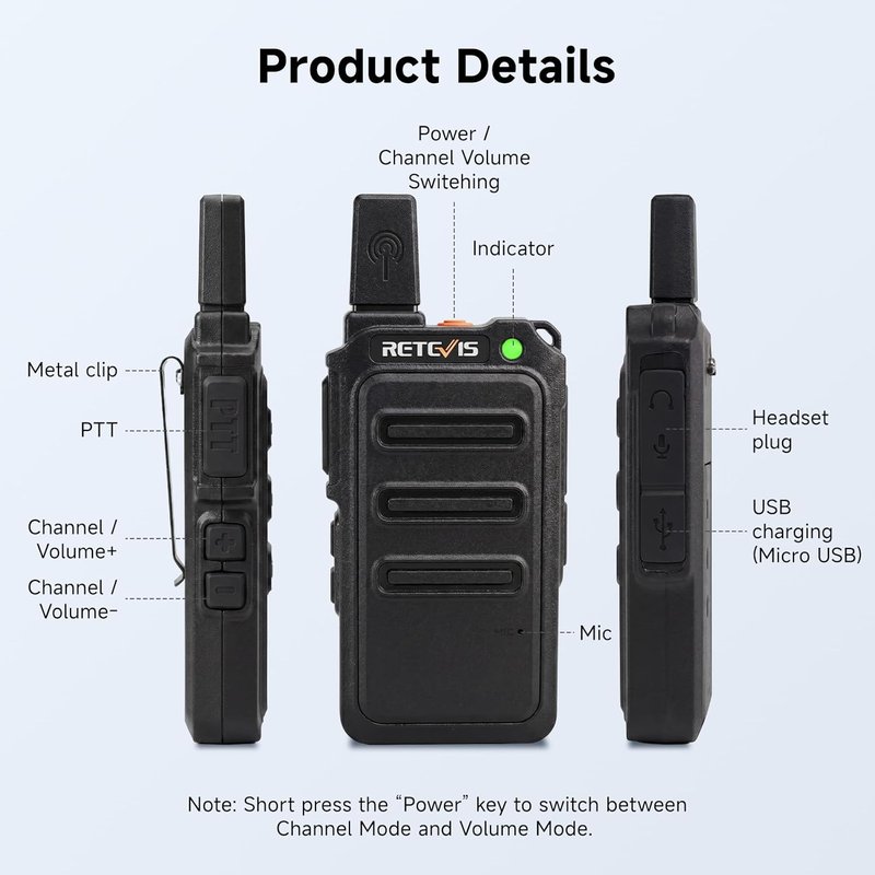 Retevis RT19 Walkie Talkie - Long Range 2 Way Radio with Earpiece & Mic | Compact Mini Design for Outdoor Use (4 Pack)