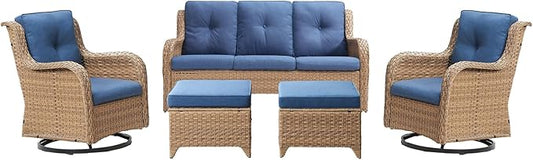 Rilyson Patio Furniture Swivel Chairs Set - 5 Piece Wicker Rattan Outdoor Sectional Conversation Sets with 2 Rocking Swivel Chairs,2 Ottomans and 1 Sofa for Porch Deck Garden(Yellow/Blue)