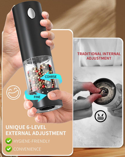 CIRCLE JOY Electric Salt and Pepper Grinder Set Automatic Salt and Pepper Grinder Set with Easy-to-Carry Charging Base and LED Light, USB Rechargeable, Upgrade External Adjustable Coarseness