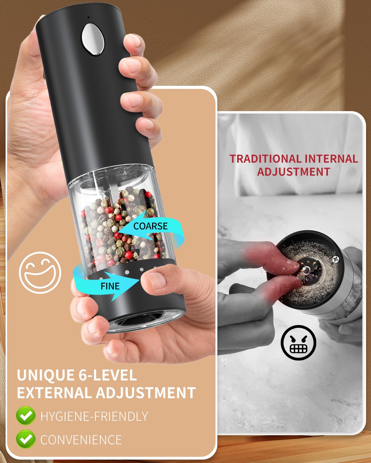 CIRCLE JOY Electric Salt and Pepper Grinder Set Rechargeable Salt and Pepper Mills with 6-Level External Adjustable Coarseness, White LED Light and Storage Base, Black