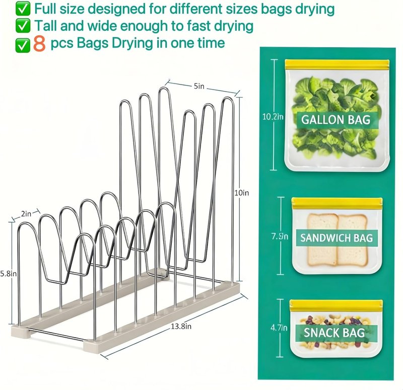 Reusable Bag Drying Rack - Silicone & Ziploc Bag Organizer | Bottle Dryer for Gloves, Glasses, Pan Lids & Cutting Boards