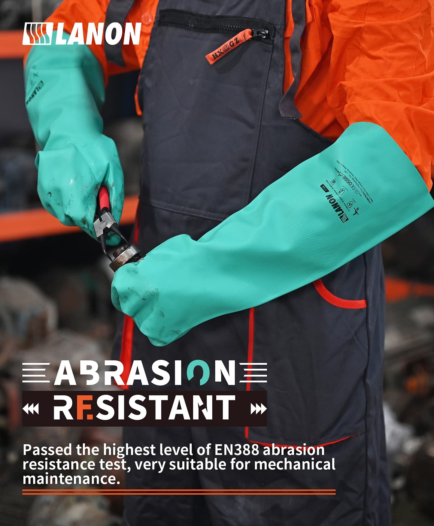 LANON Nitrile Chemical Resistant Gloves, Reusable Heavy Duty Safety Work Gloves, Acid, Alkali and Oil Protection, 18" Length, Non-Slip, X-Large