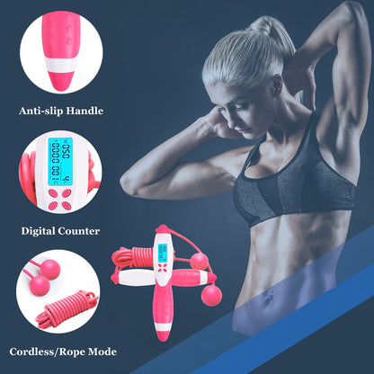 Jump Rope,Digital Counting Speed Jumping Rope Counter for Indoor and Outdoor Fitness Boxing Training Adjustable Weighted Jump Rope Workout for Men,Women,Children Cordless Skipping Rope-Pink