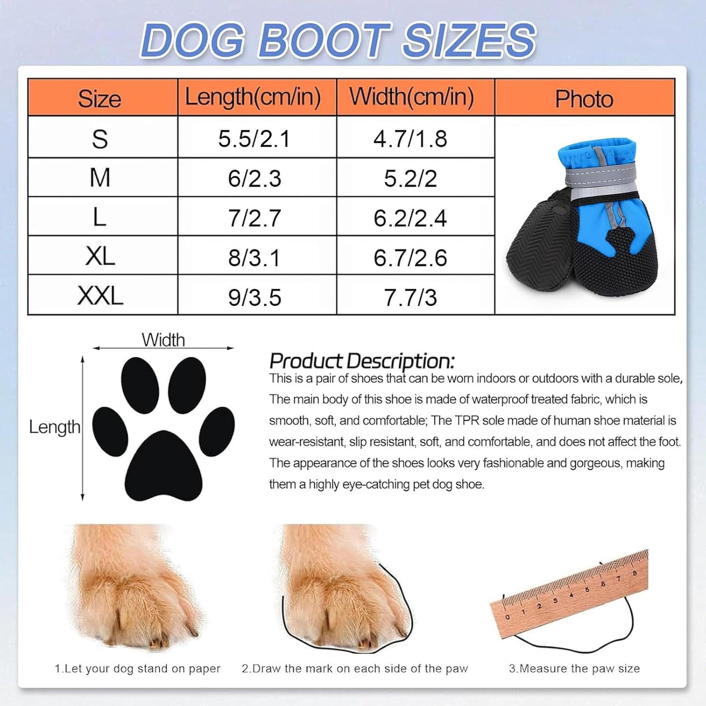 QKURT 4 Pieces Dog Boots Paw Protector, Waterproof Dog Shoes with Reflective Straps, Adjustable Washable Non-Slip, for Injured Paws, Outdoor Paw Protectors for Small Medium Large Dogs