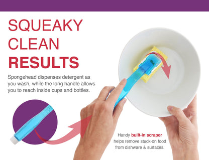 Arrow Home Products Dish Sponge with Soap Dispenser Handle - Fillable Dish Wand for Quick, Convenient Cleaning - Made in the USA - Easy to Refill, Built-In Scrubber, Ideal for Dishes and Pans