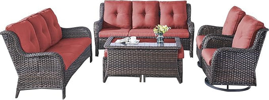 Rilyson Wicker Patio Furniture Set - 7 Piece Rattan Outdoor Sectional Conversation Sets with 2 Rocking Swivel Chairs,2 Ottomans,2 Sofa and 1 Coffee Table for Porch Deck Garden(Brown/Red)