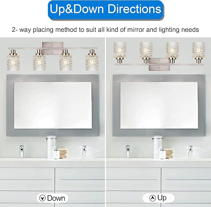 MELUCEE 4 Lights Brushed Nickel Vanity Light Modern Bathroom Light Fixtures with Hammered Glass Shade, Indoor Metal Wall Lights for Powder Room Hallway Kitchen, E26 Base