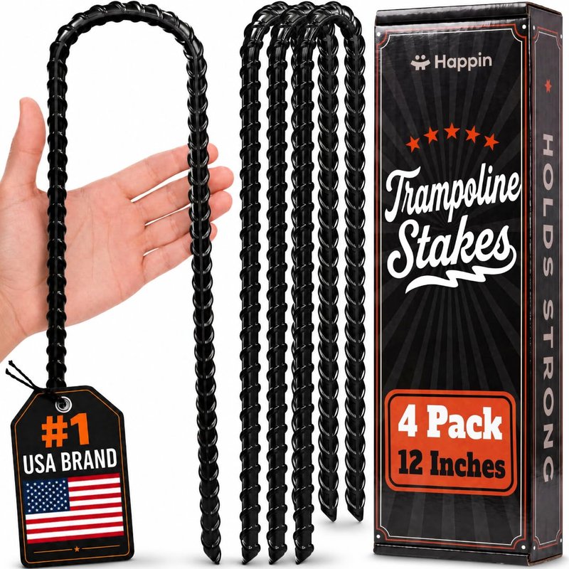 Happin® 12 Inch Trampoline Anchors, Trampoline Stakes, Ground Stakes Heavy Duty, Ground Anchors Screw in, Trampolines Accessories, Tent Anchors, Yard Spikes, Galvanized Steel (4 Pack, Black)