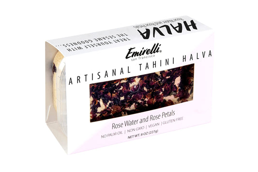 Emirelli Artisanal Halva Dessert – Authentic Middle Eastern Candy Turkish Sweets – Vegan Candy 55%-Tahini Halwa - Halvah Traditional International Sweets - Rose Water and Rose Petal Flavor, Pack of 1