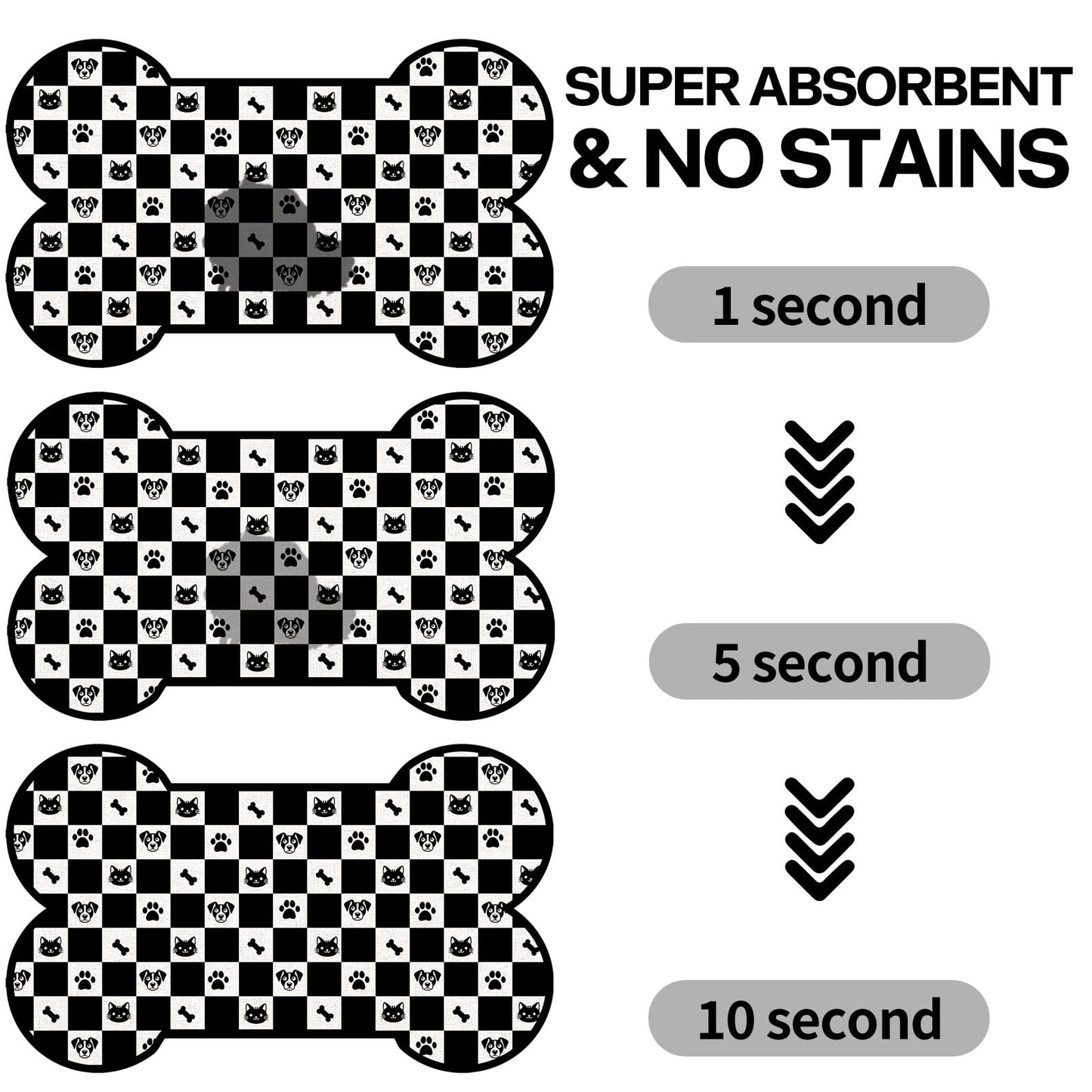 Pet Dog Cat Food Mat, Absorbent Bone Shaped Dog Bowl Mats for Food and Water, Non Slip Cute Footprint Dogs Cat Placemats Feeding Mat for Floors Puppy Pet Accessories Supplies 12"x20" Black White