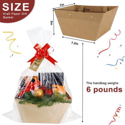KEVTVEK Bigger Baskets for Gifts Empty, 6 Pack Sturdy Kraft Basket With Handles Gift Basket Kit, 6 Shrink Wrap Bags, 6 Bows and Hang Tag, Empty Gift Baskets to Fill for Birthday Christmas Baby Shower