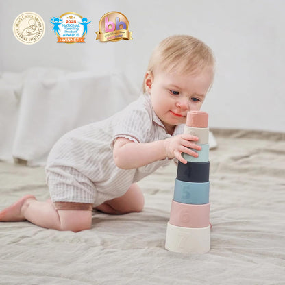 Moonkie Baby Stacking Cups Toy Silicone, Teether for Baby, Early Development & Activity Toys, Silicone Soft Teething Toy, for Bath Play, Stacking Toys 7 Piece Set