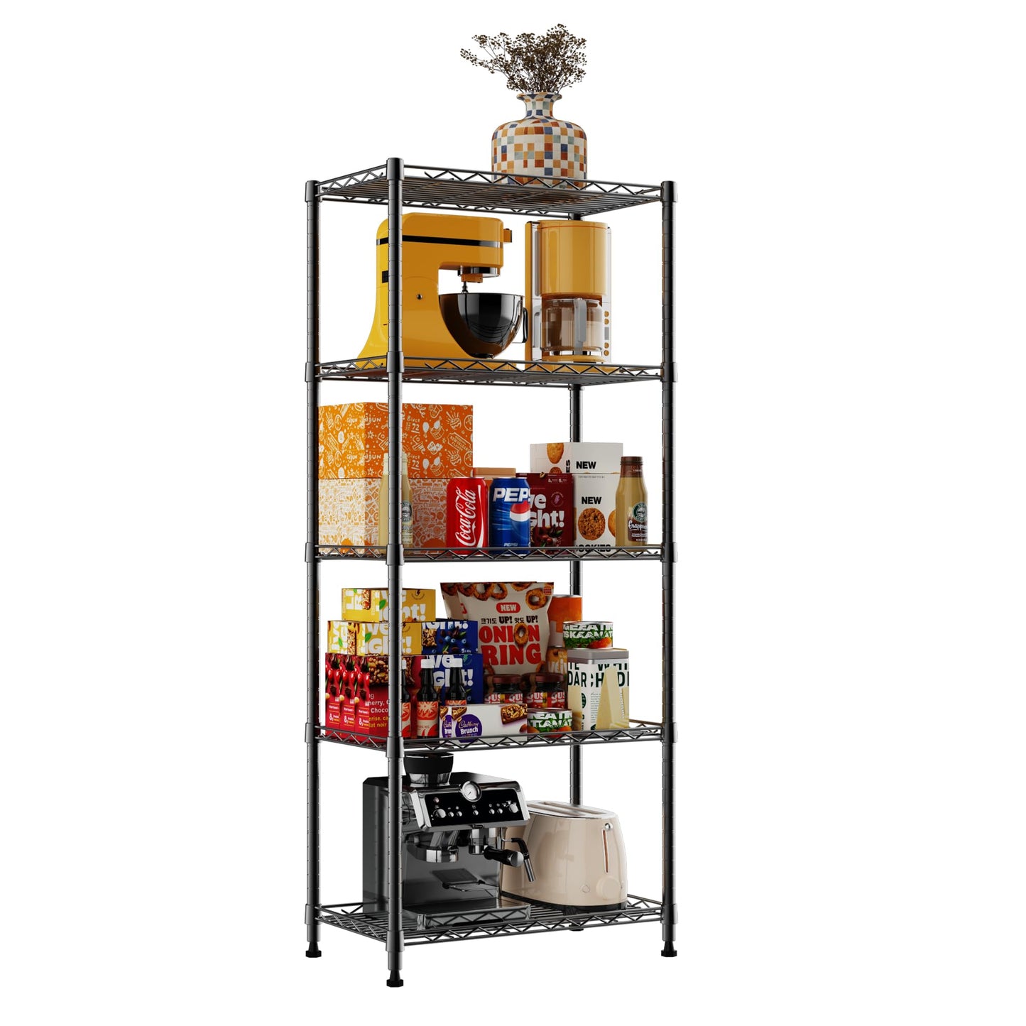 REGILLER 5-Wire Shelving Metal Storage Rack Adjustable Shelves,Standing Storage Shelf Units for Laundry Bathroom Kitchen Pantry Closet(Black,11.8" D x 16.6" W x 53.5" H)