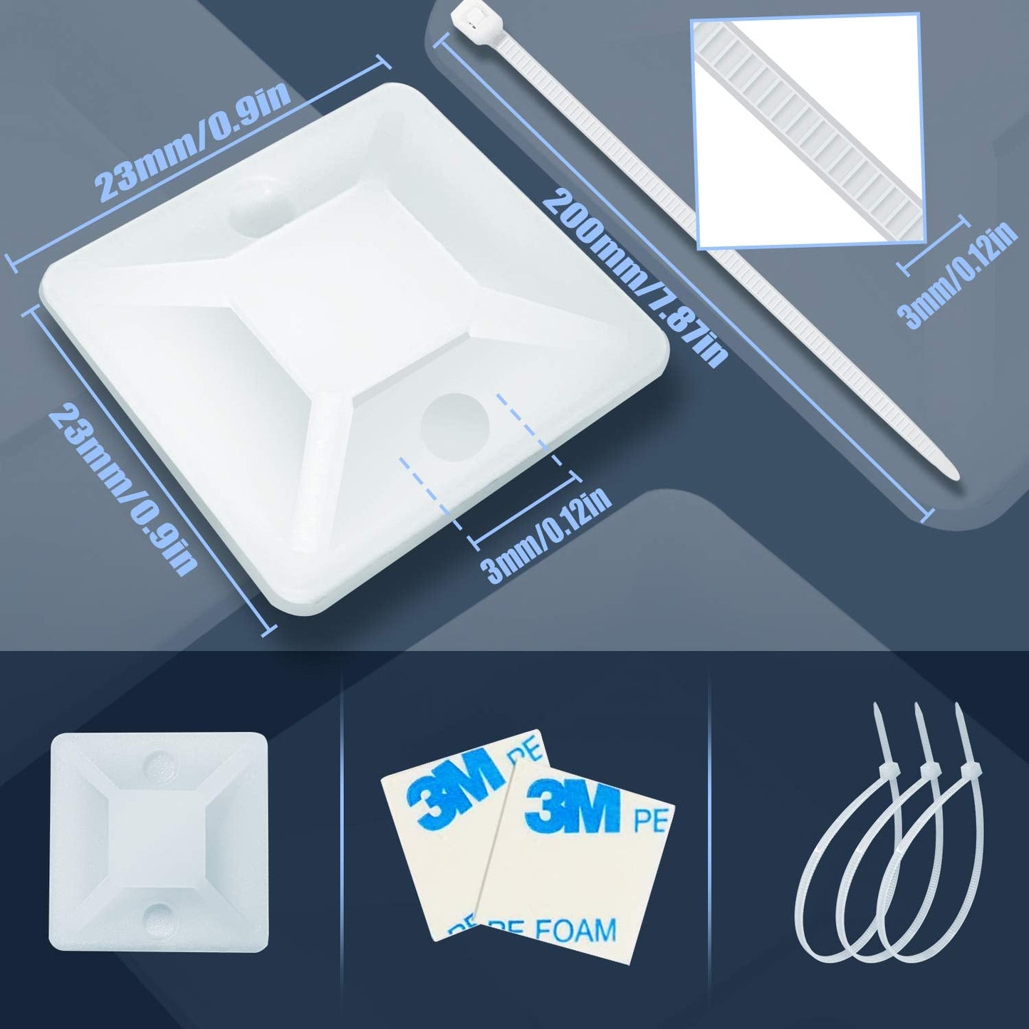 HUASAI 4/5" 100 Pack Zip Tie Mount With Cable Ties,Self Adhesive-backed Mounts for Wire Holder, White Cable Management Clips Wall Anchors