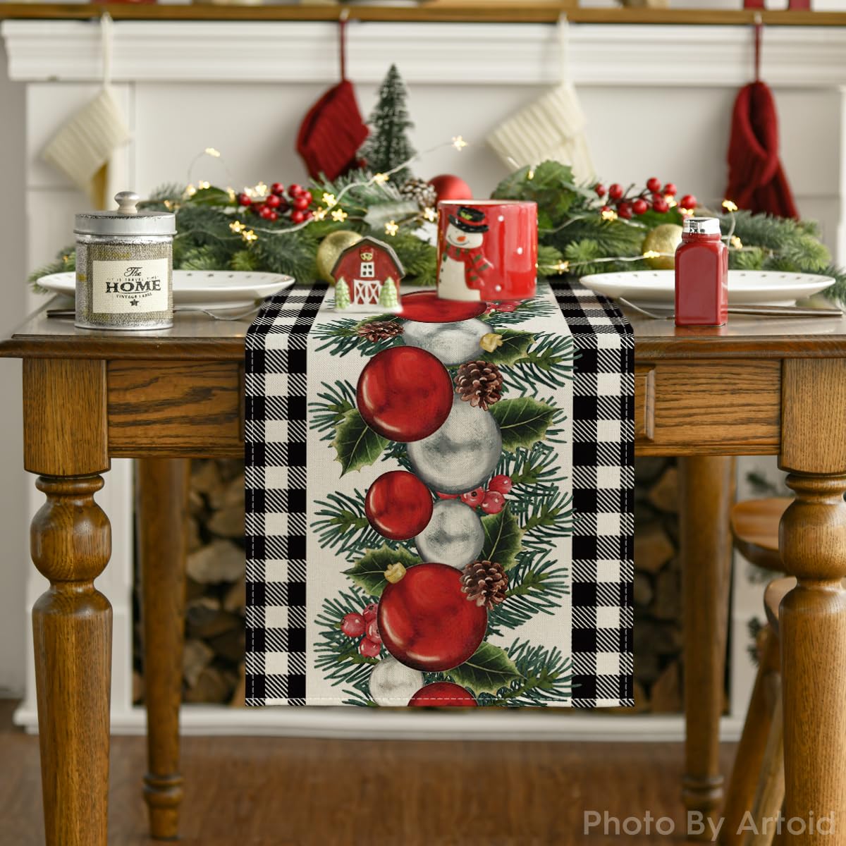 Artoid Mode Black White Buffalo Plaid Xmas Ball Holly Christmas Table Runner, Winter Kitchen Dining Table Decoration for Outdoor Home Party 13x36 Inch