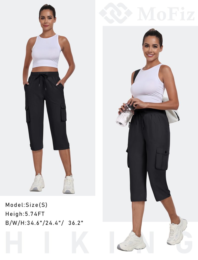 MoFiz Women's Cargo Capris Hiking Pants Lightweight Quick Dry Summer Outdoor Casual Travel Pants with Pockets Black 2XL